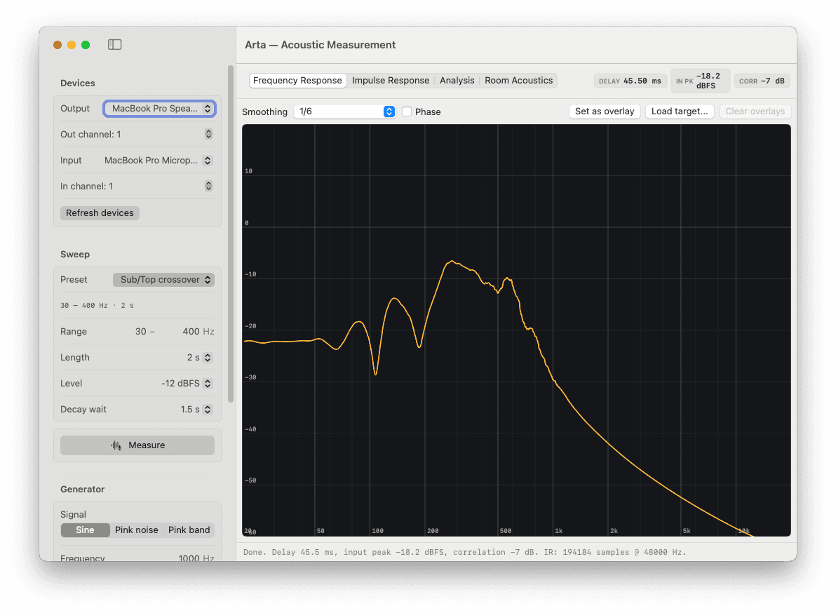 SmARTA sub/top crossover sweep measurement with the built-in generator panel